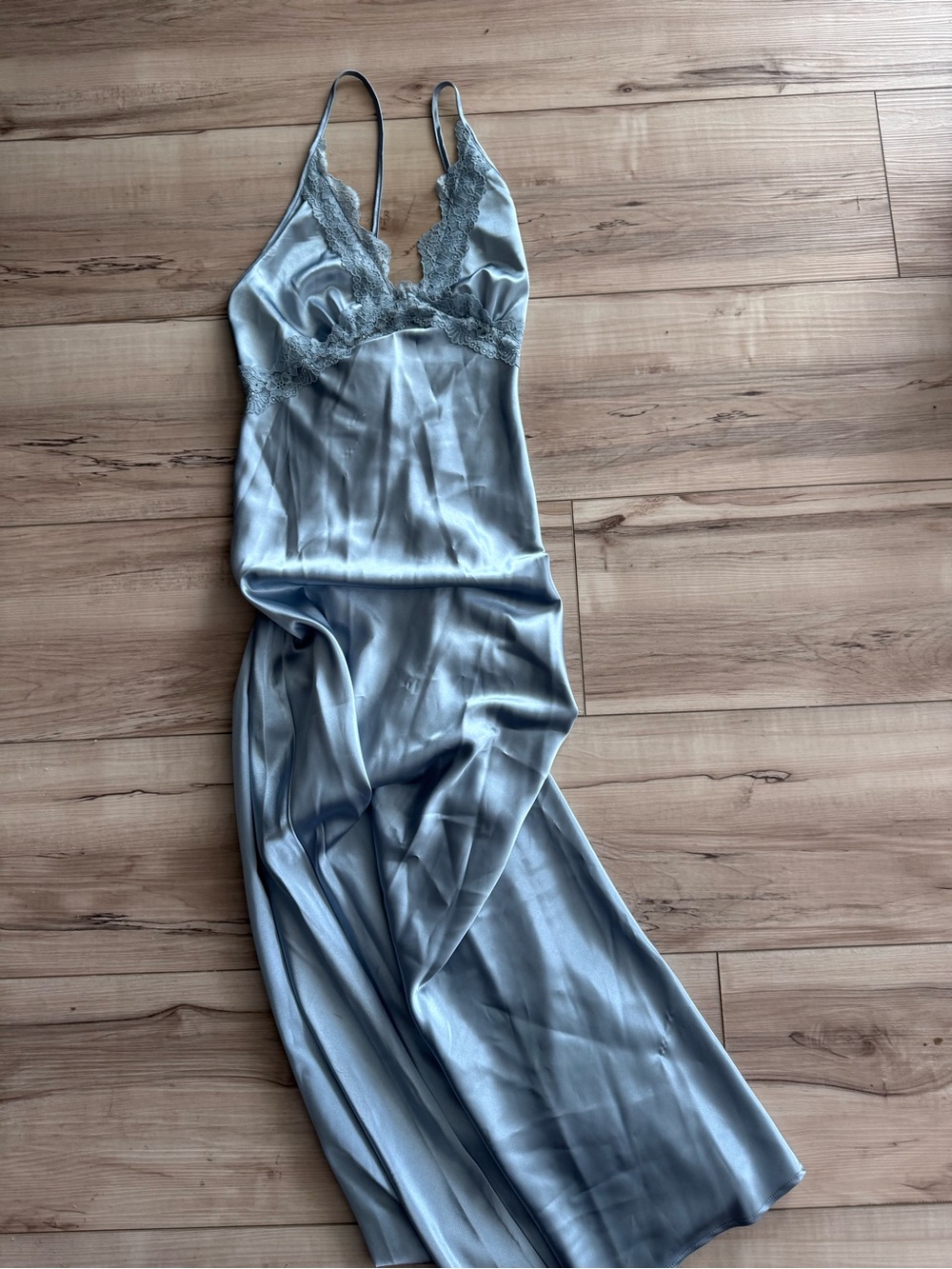 Sincerely Jules Satin Lace-Trim Slip in Pale Blue